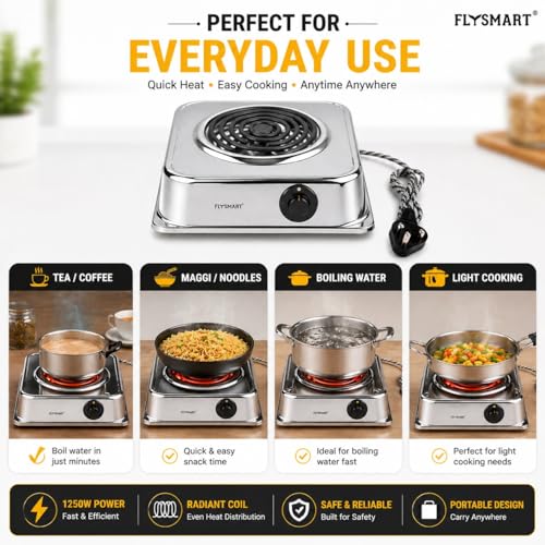 Image of Solid Heavy Body Electric Coil Cooking Stove | Chrome Plated Radiant Hot Plate Cooktop | Push Button Control | Portable Electric Heater & Cooking Plate (Silver)