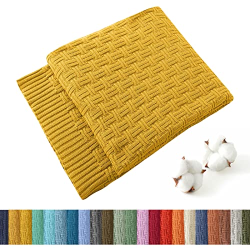 Image of TREELY 100% Cotton Knitted Throw Blanket 50 x 60 Inches, Gold Yellow