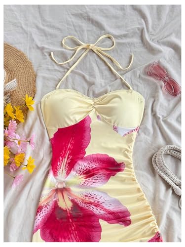 Milumia Women's Floral Halter Mini Dress Tie Backless Drawstring Asymmetrical Hem Short Dresses3