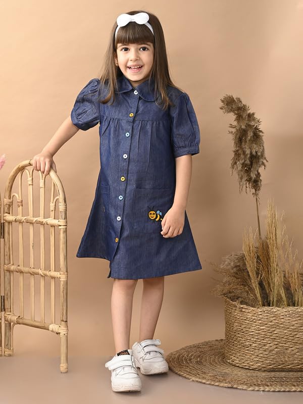 Image of superminis Girls Denim Solid Color Half Sleeves Dress with Embroidered Pocket (1 Dress)
