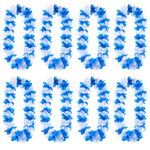 FineCheer 8 Pcs Blue and White Graduation Hawaiian Leis 2026 Luau Flower Necklace in Bulk for Graduation Party Favor Supplies