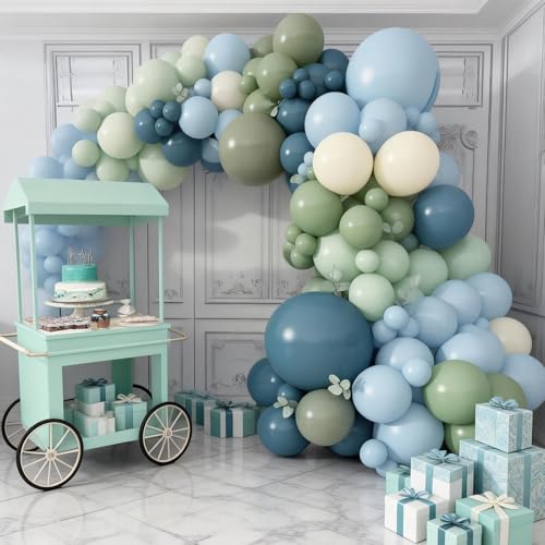 Image of FunHot Blue Green Balloons, 50 Pcs Sage Green Blue Latex Balloon, 12 Inch Pastel Yellow Ivory Helium Balloons for Boy Baby Shower Wild Birthday Wedding Boho Gender Reveal Engagement Party Decorations