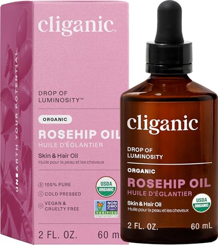Cliganic Organic Rosehip Seed Oil for Face — 100% Natural Cold Pressed, 2oz