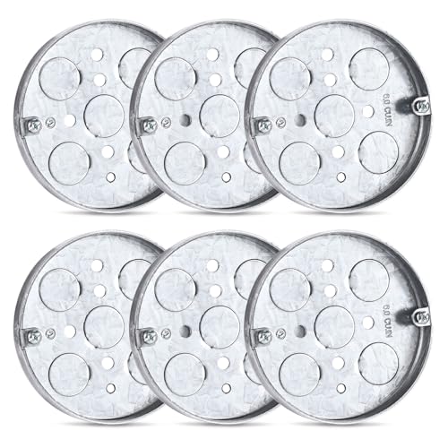 OwnMy 4 Inch Round Shallow Electrical Outlet Boxes, Metal Shallow Electrical Box Ceiling Fan Junction Boxes for Wall Light Fixtures, 1/2-Inch Deep, 1/2-Inch Bottom Knockouts, 6 Packs