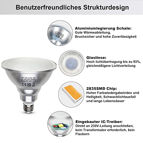 Unikcst 2er 18W LED Lampen E27 Par38 Warmweiß 3000K Reflektor Leuchtmittel Flood Strahler, Ersetzt Halogenlampe 180W, 120 Grad Abstrahlwinkel,Nicht Dimmbar