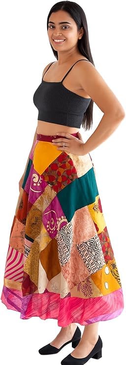 YILLE Boho Sari Silk Vintage Patchwork Wraparound Long Skirt for Women Ethnic Tie Waist Gypsy Skirt Multicolor Asymmetrical Free Size, Ethnic Fashion for Any Occasion and Casual Outings (Pack of 1)