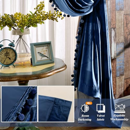 Image of Melodieux Pom Poms Wide Velvet Curtains for Living Room Patio Doors, Vintage Luxury Bedroom Rod Pocket Thermal Insulated Window Drapes, 100 inch W x 96 inch L, Royal Blue (2 Panels)