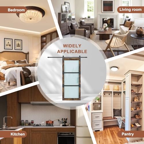 Fredbeck 36x84 Frosted Glass Barn Doors Aluminum Frame and 6.6ft Hardware Kit Included, Waterproof PVC Coating,Pre-Drilled Ready to Assemble,Brown, 3-Panels,Modern Interior Sliding Doors with Glass