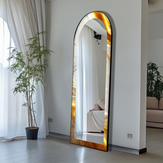 23,5’’W x 67’’H White Marble Glow – Abstract Floor Mirror Arched Full Lenght Mirror - Arch Full Body Stained Floor Mirror with Black Frame with Silver Frame