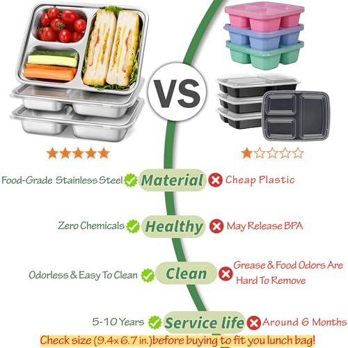 Image of Stainless Steel Snack Containers with Plastic Lids - 3 Pack - 3 Compartments Bento Snack Boxes - Large Reusable Meal Prep for Kids Adult - Divided Food Storage Container for School, Lunch, Home Travel