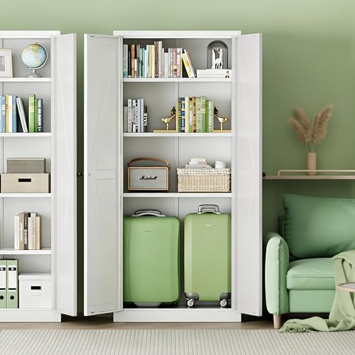 Image of INTERGREAT Metal Storage Cabinet with Magnetic Doors, 63 inch H Modern Classic Style Metal Cabinets with 2 Doors and 4 Adjustable Shelves for Home Office, Kitchen, Bathroom (White)