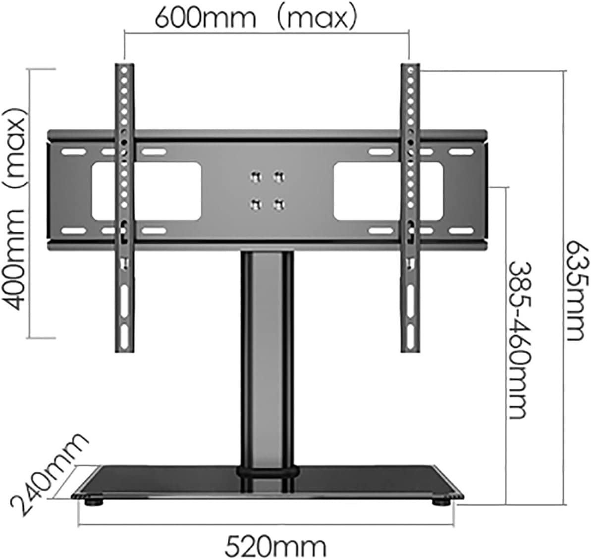 Tablero de mesa, 3 niveles de altura ajustable, base de vidrio templado resistente, base de TV de mesa para pantalla LED de 37 a 55 pulgadas, soporte de TV de hasta 50 kg