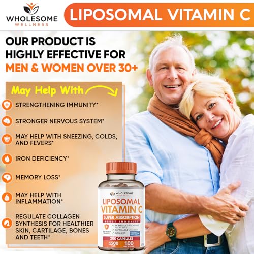 Wholesome Wellness Liposomal Vitamin C Capsules (200 Pills 1500mg Buffered) High Absorption, Immune System & Collagen Booster, High Dose Fat Soluble Immunity Support Ascorbic Acid, Natural Vegan
