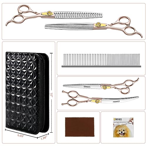 Gimars 8 Inch Professional 440C Stainless Steel Dog Grooming Scissors Heavy Duty 6 In 1 - Straight, Thinning, Chunker, Curved Shears and Comb, Ergonomic Pet Grooming Scissor for Dogs, Cats