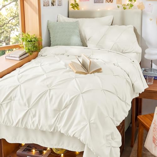Image of Sasttie Twin Comforter Set, 5-Piece Bed in a Bag, Pintuck Bedding Sets for All Season, Includes Comforter, Flat Sheet, Fitted Sheet, Pillowcase and Pillowsham, Ivory