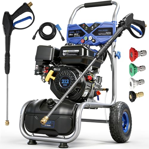3500PSI Gas Pressure Washer, 212CC / 2.3GPM / 7HP / 4-Stroke Gas Power Washer with 4 Quick Connect Nozzles, 25FT Hose, Soap Tank, Gas Powered Pressure Washers for Driveways Decks Cars Paint Prep
