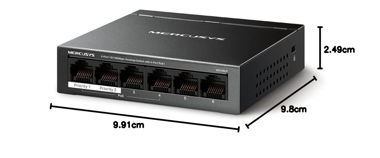 Mercusys MS106LP PoE Switch Unmanaged, 6 portów 10/100 Mb/s z 4 portami PoE+, Plug & Play, 40 W PoE budget, metalowa obudowa bez wentylatora, funkcja automatycznego odzyskiwania PoE, tryb izolacji