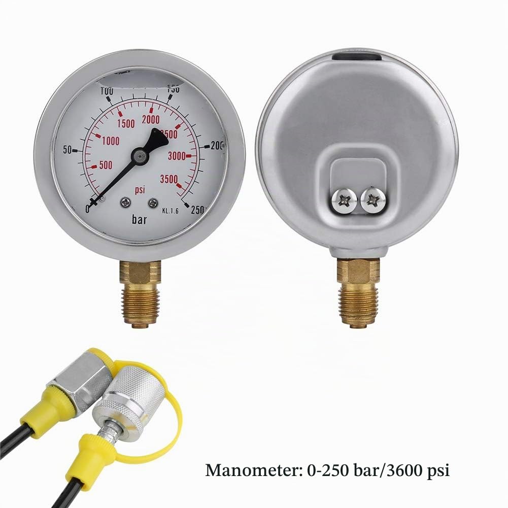 Hydraulisches Manometer, M16 * 2-BSP1 / 4 0~250BAR / 3600PSI Manometer-Kit Testpunkt-Kupplungsmanometer-Kit zum Prüfen des Hydraulikdrucks