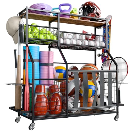 Holiwei Sports Equipment Organizer, Garage Storage with Basket and Hooks, Rolling Cart with Wheels...