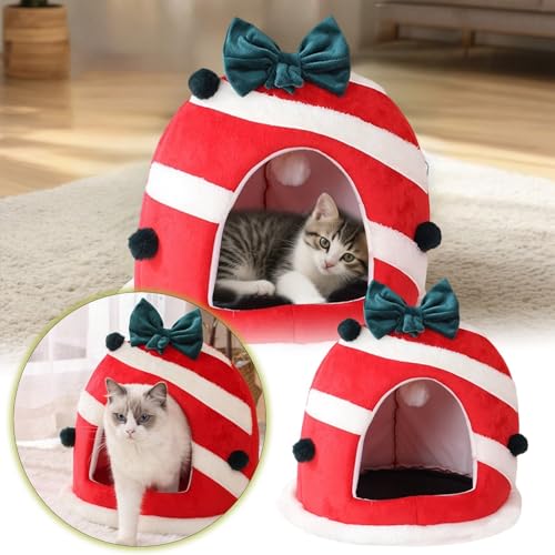 Generisch 2026 Cama festiva redonda de vacaciones, acogedora almohada para gatos calmante, cálida y cómoda, con funda extraíble y lavable (rojo, 32 cm)