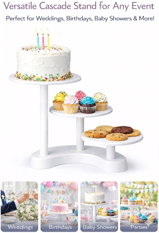 Oasis Supply 3-Tier Cascade Cake Stand – White Plastic Dessert Display Stand, Tiered Cupcake Stand for Cakes, Cupcakes, Weddings, Birthdays & Party Decorations image 4