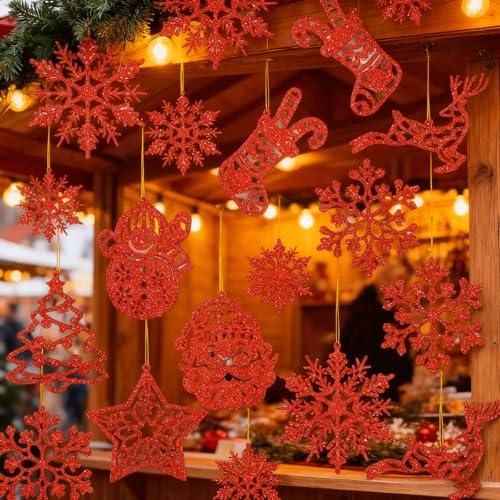 VIKY® 42 Stück Weihnachtsbaum Deko Rot - Schneeflocken Anhänger mit...