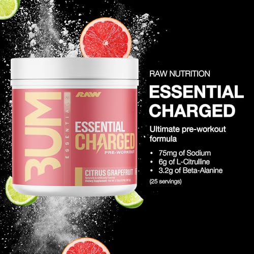 Image of RAW Pre-Workout Powder, Essential CHARGED (Citrus Grapefruit) - Preworkout Supplement for Men, Women - Supports Focus, Mood, Performance - Caffeine, Alpha-GPC, L-Citrulline, Beta Alanine (25 Servings)