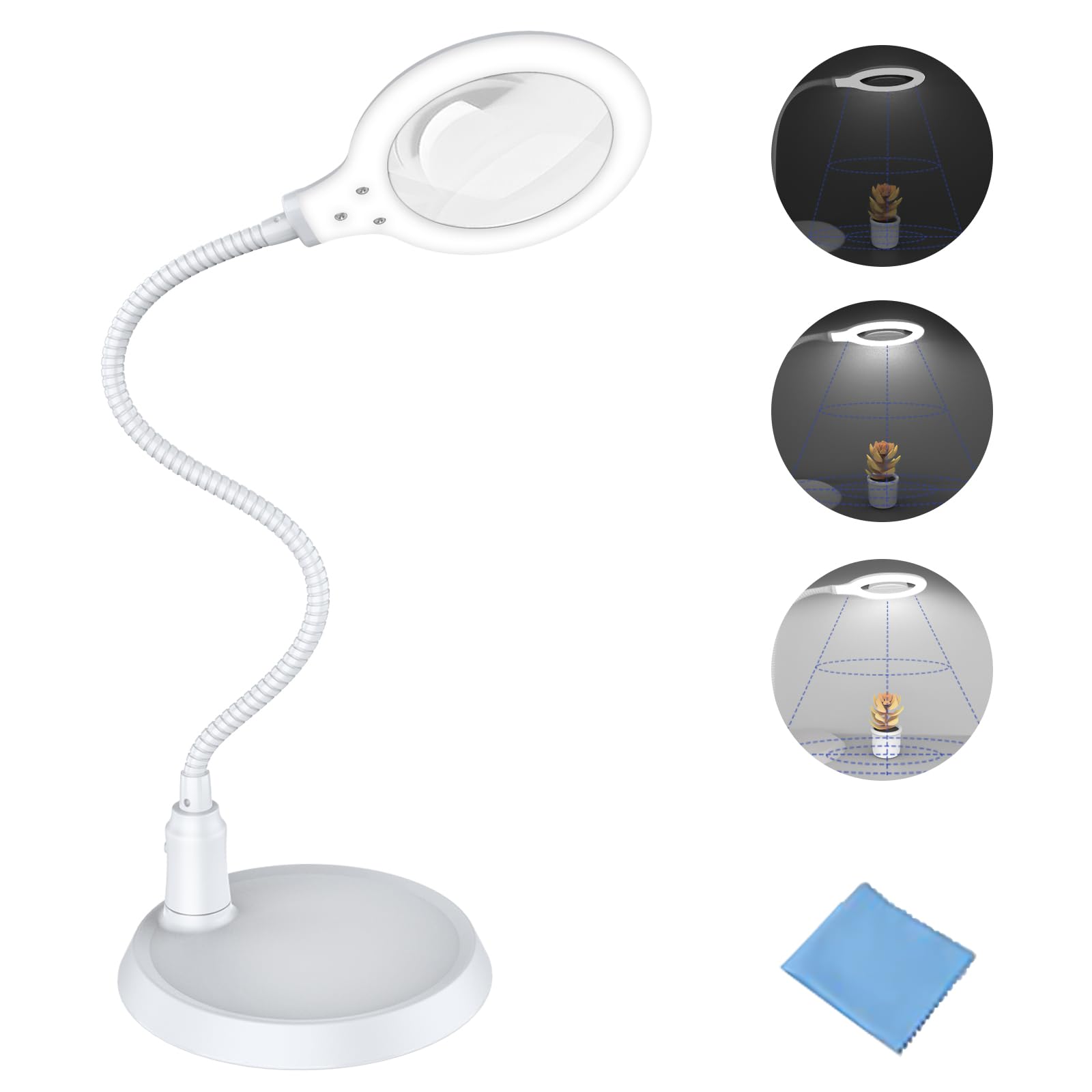 Lente di ingrandimento 5x, con luce e supporto, lampada LED dimmerabile a mani libere, ideale per lettura, hobby, cucito, artigianato, Bianco