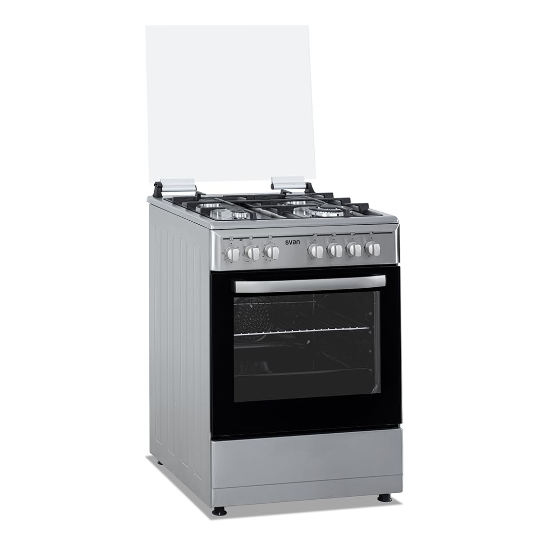 Svan Cocina Mixta Gas Butano, 4 Zonas de Cocción, Horno 56 L, Inox, SKMW4601X. Control Manual, Quemador WOK Triple Llama, 6 Programas de Cocción, Compartimento Bombona, Cristal en Puerta Doble Capa, T