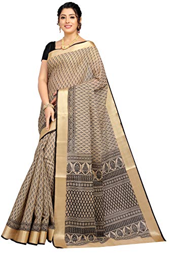 Image of RANI SAAHIBA Women's Poly Cotton Printed Saree With Blouse Piece (SKR6972 Beige-Black)