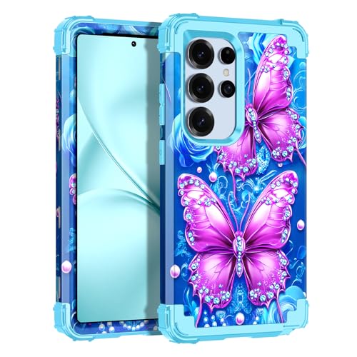 LONTECT for Galaxy S24 Ultra 5G Case Shockproof 3 in 1 Heavy Duty Rugged Hybrid Sturdy High Impact Drop Protective Cover Flower Case for Samsung Galaxy S24 Ultra 5G 2024,Sky Blue - image 1