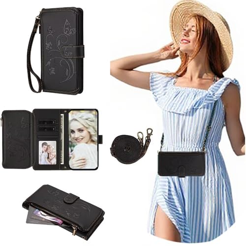 SEHEYA Hülle für TCL 305/306 / 30 SE / 30E Handyhülle Geprägter mit Handytasche zum Umhängen PU Leder Klapphülle Reißverschluss Klappbar Geldbörse Schutzhülle, Schwarz