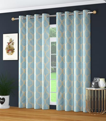 Image of Yarnis Floral Printed Light-Filtering Curtains 5 Feet Long Set of 2 for Window Living Room, Aqua Blue, Parda