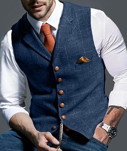 SOMTHRON Men's Suit Vest Wool Tweed Herringbone Single Breasted Slim Fit Business Formal Plaid Dress Waistcoat Groosmen2