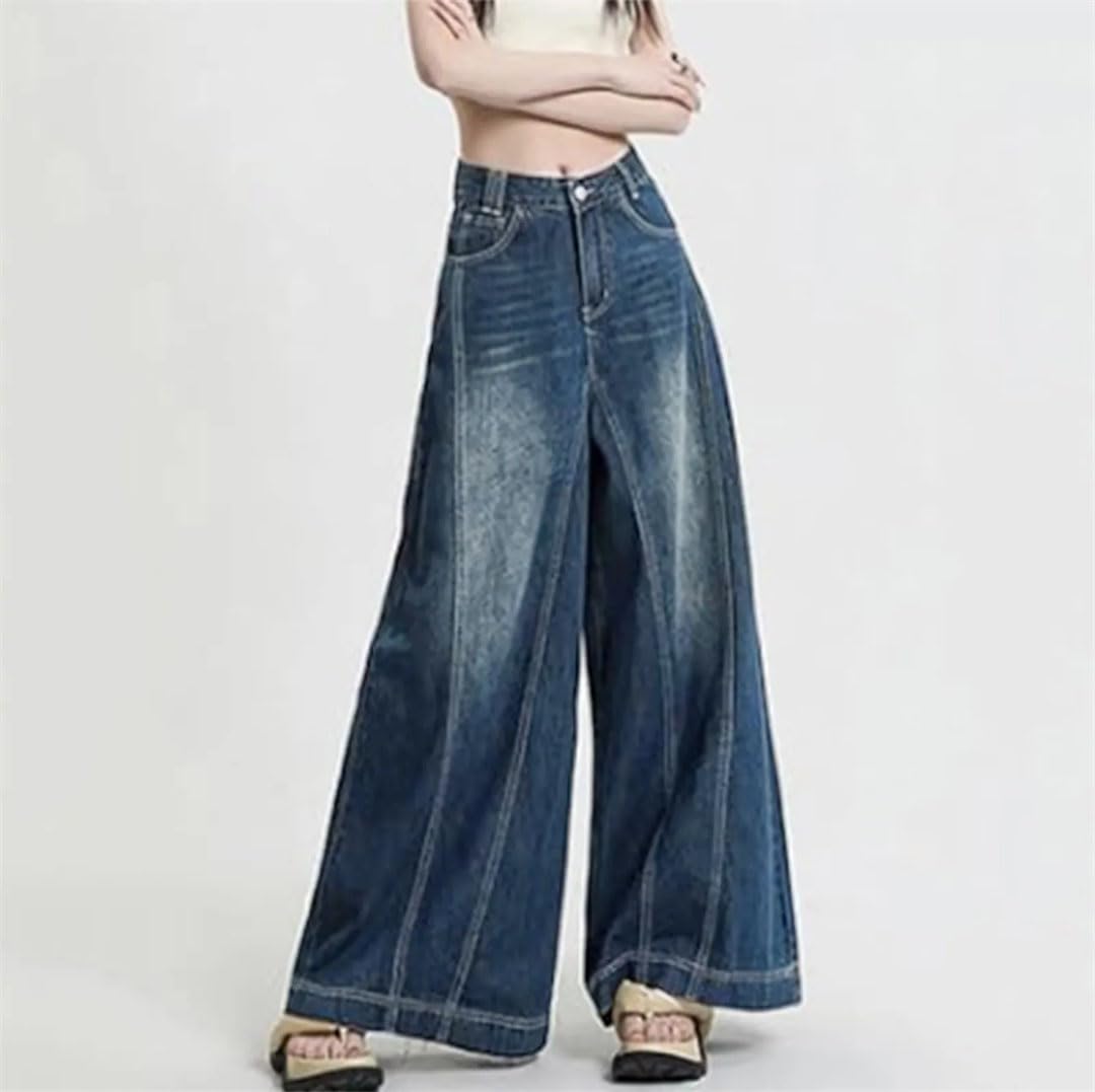 Pantalones de mezclilla acampanados retro de gran tamaño para mujer, cintura alta, pantalones palazzo