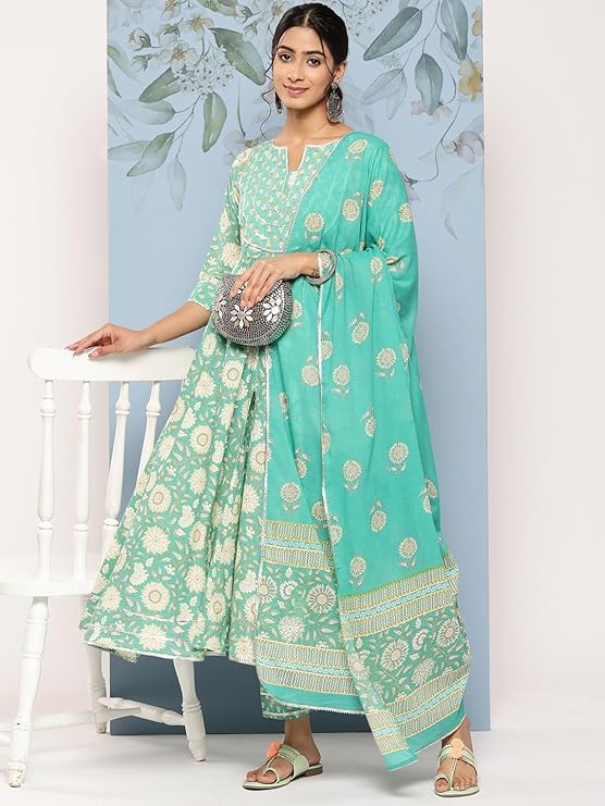 Image of Gerua By Libas Printed Cotton Anarkali Kurta with Trouser and Dupatta | Ethnic wear | Bridal Suit | Occasion wear