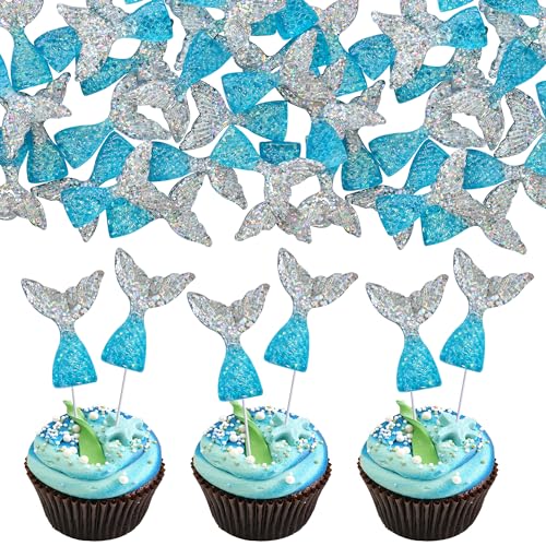 Ephlyn 24 Pcs Acrylic Mermaid Tails Cupcake Toppers Mini Wrappers Mermaid Tail Figurines Cake Decorations for Birthday Party Supplies Favors Blue Silver