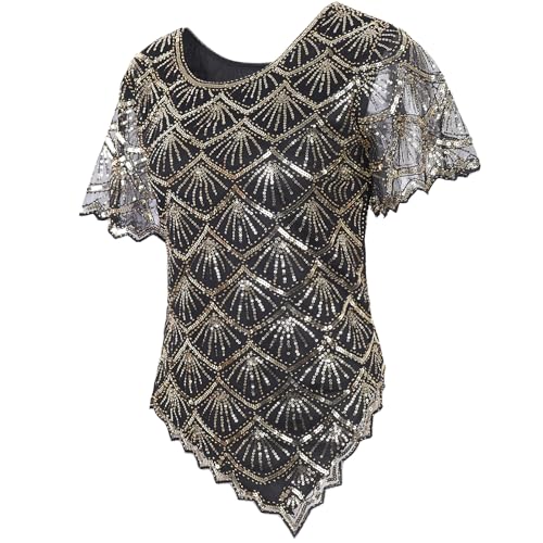 Vijiv Women's Chic Sequin Beaded Top Shimmer Glitter Blouse Fish-Scale Bell Sleeve Irregular Hem Formal Gatsby Shirt4