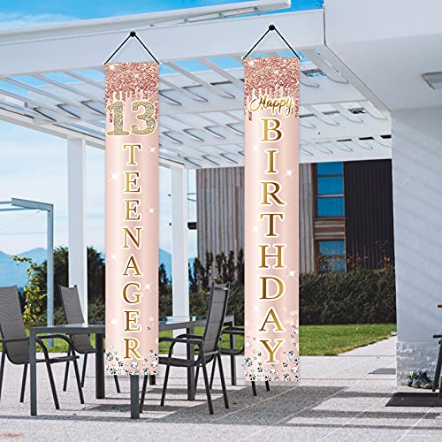 Image of 13th Birthday Decorations Door Banner for Girls, Pink Rose Gold 13 Teenager Happy Birthday Sign Party Supplies, Sweet Thirteen Year Old Birthday Backdrop Porch Decor