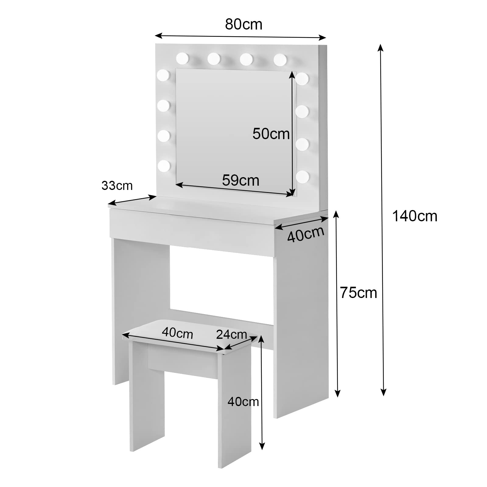 LEMROE Toeletta bianca con 1 grande cassetto e sgabello, tavolo da trucco con luci LED Hollywood, mobili per la casa e la camera da letto (bianco, 1 cassetto)