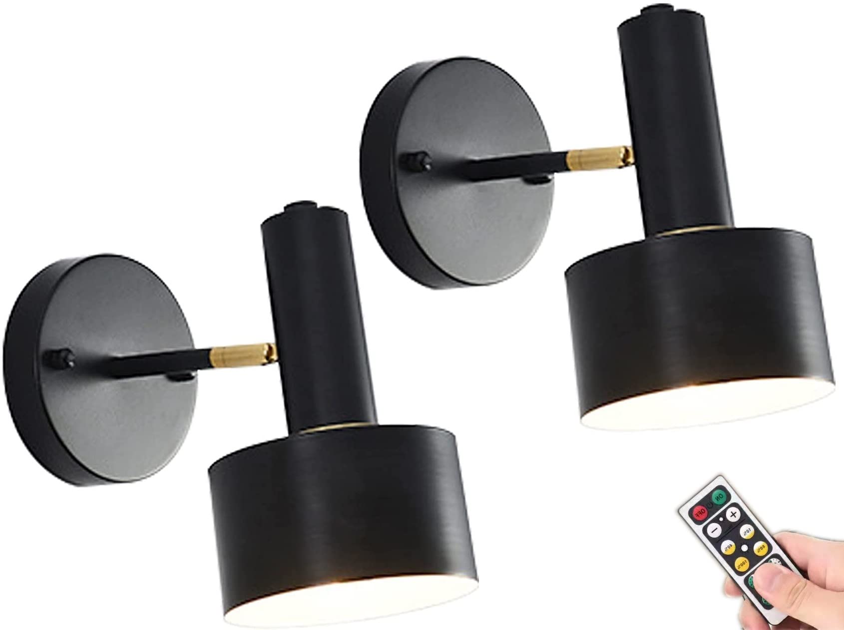 Juego de 2 apliques de pared regulables con brazo oscilante LED con control remoto, diseño sin cable, iluminación decorativa de latón para dormitorio y baño
