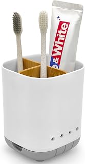 Scartink Grey Toothbrush Holder with Detachable Bamboo Divider - 3-Slot Bathroom Organizer for Electric Toothbrushes & Toothpaste