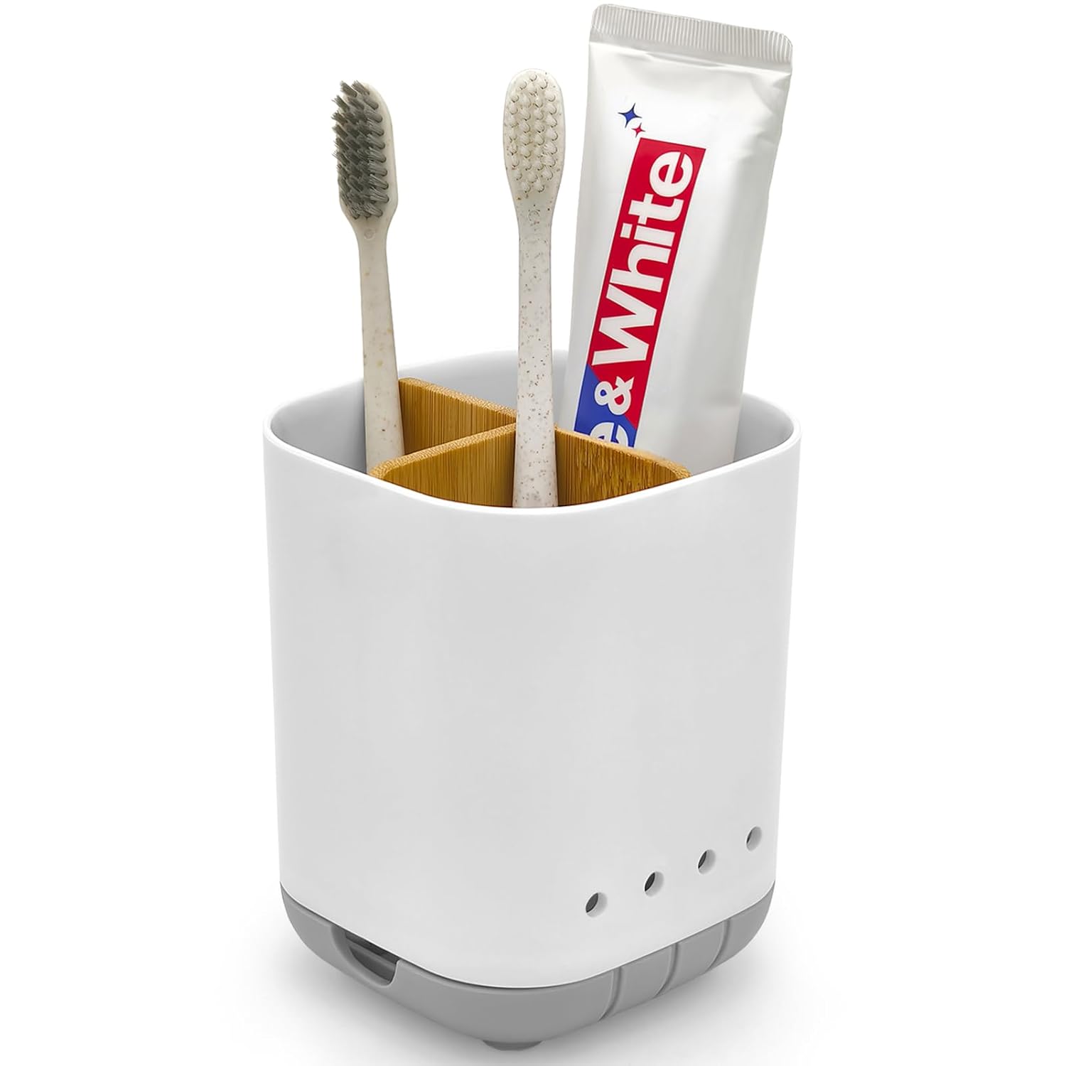 Toothbrush Holder with Bamboo Divider Detachable for Easy Cleaning Bathroom Countertop Organizer Plastic 3 Slots Electric Toothbrush and
