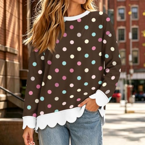 Polka Dot Sweatshirt for Women Cotton Scalloped Hem Comfy Pullover Tops - image 2
