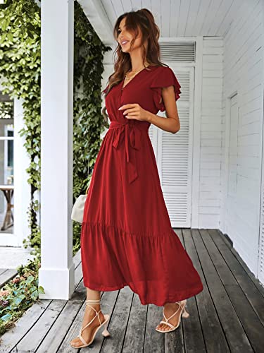 PRETTYGARDEN Women's Summer Floral Boho Maxi Dress Wrap Short Sleeve V Neck Ruffle A-Line Flowy Wedding Guest Long Dresses