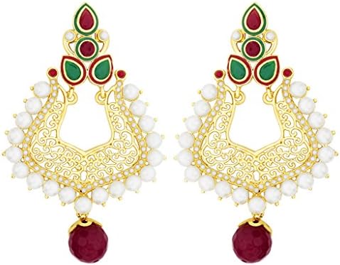 Viyari Royal Trishul Red and Green Dangle Drop Earrings