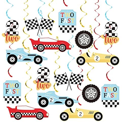 K KUMEED Race Car Two Fast Party Hanging Swirls Checkered Flags Racing Birthday Party Foil Ceiling Decorations for Kids Boys Men Racing Theme 2nd Birthday Party Cover
