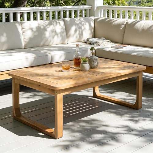 Christopher Knight Home Lebat Patio Acacia Wood Coffee Table Solid Wood Outdoor Table for Patio Furniture Set Slat Panel Rectangular Top Light Teak