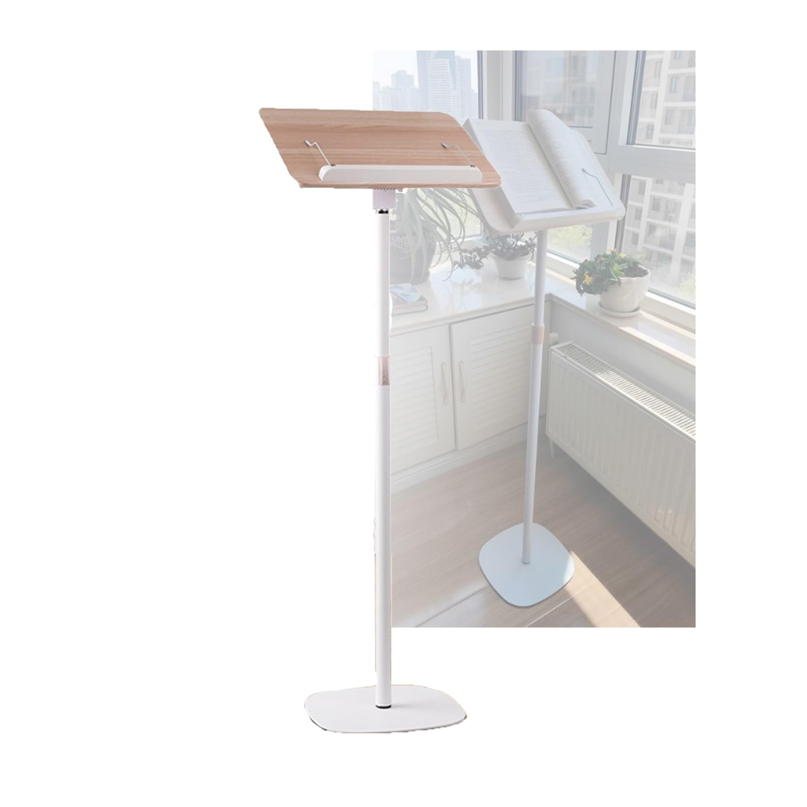 Generico Supporto Regolabile in Legno per Libri, Musica e Ricette - Supporto per Laptop con fermapagine, Altezza 50-170 cm, Elegante Design Bianco