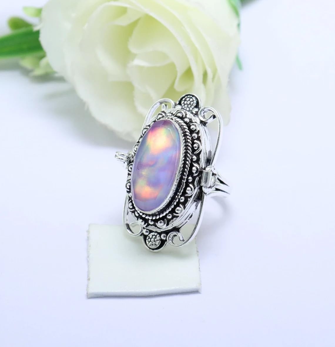Aurora Opal Poison Ring | 925 Sterling Silver Locket with Secret Compartment | Handmade Large Box | Gift for Her | Secret Stash Jewelry